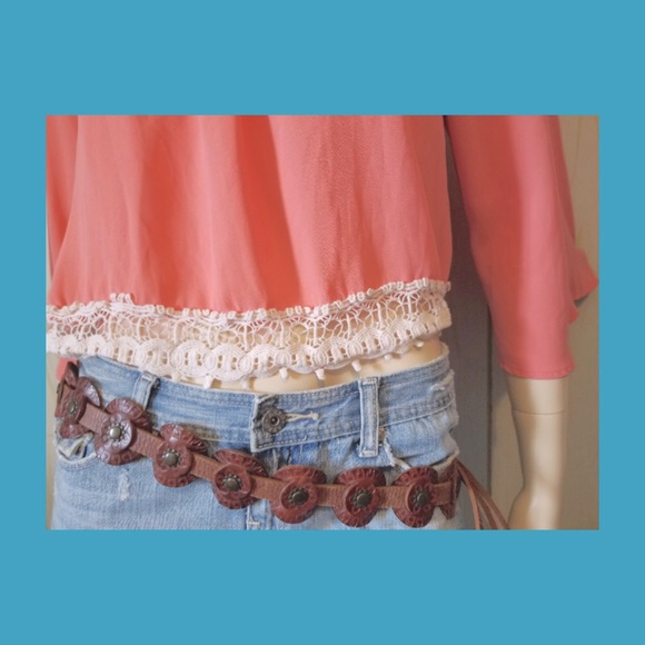 Boho Babe Vintage Retro Coral Chiffon Bell Sleeve Crochet Crop Top - Picture 6 of 8